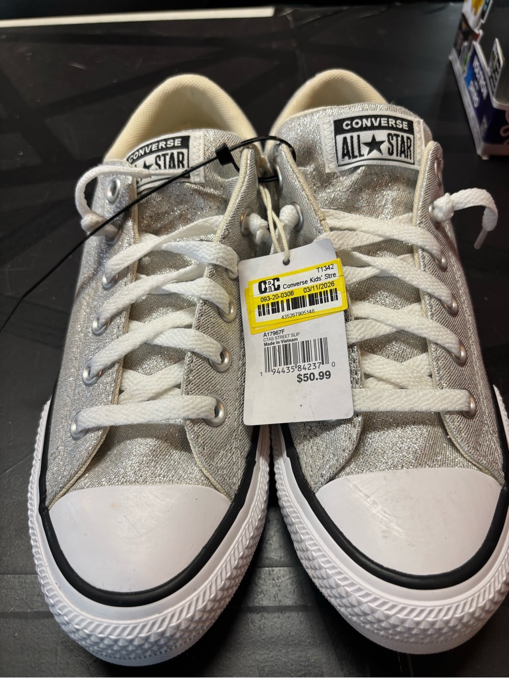 Converse Kids Silver Glitter Low Top Sneakers with White Trim b161s